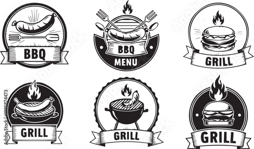 Vintage BBQ grill badges collection hand drawn style culinary emblems