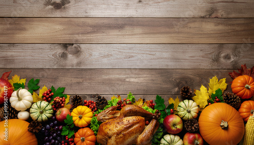 Autumn harvest border with roasted turkey pumpkins and fruit on rustic wood.