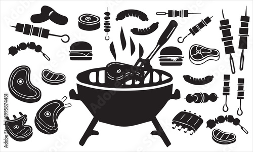 Photography Black and white illustration of a grill with various meat and utensil elements