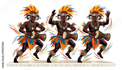 three tribal dancers performing with kundu drums on transparent background