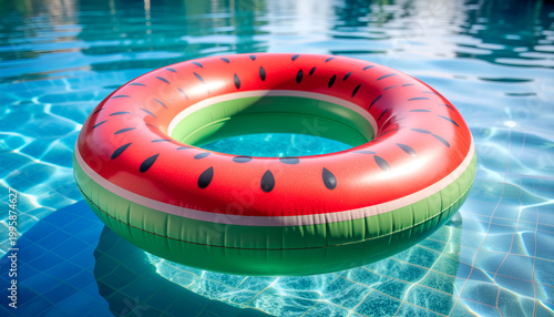 Watermelon inflatable ring floating in sunny blue swimming pool.