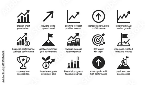 Business growth and performance icons arranged in grid