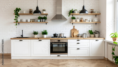 Minimal Scandinavian kitchen with white cabinets and wood shelves.