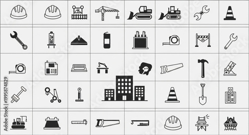 Construction Industry Icons Set Building Tools Equipment and Vehicles.