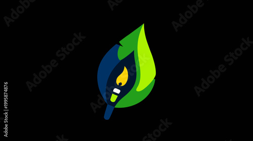 A stylized leaf shape containing an abstract flame element in a striking color palette on a black background