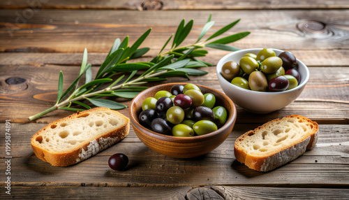 Assorted green and black olives with rustic bread on wooden table.