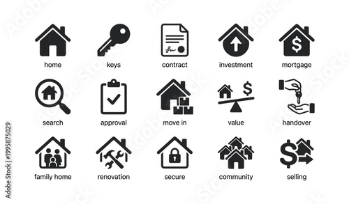 Real estate and home ownership icons arranged on white background