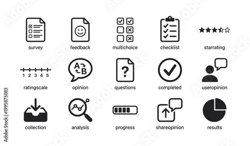 Survey and feedback icons showing ratings questions and results