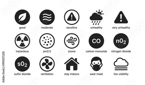 Air quality and pollutant icons arranged in grid on white background