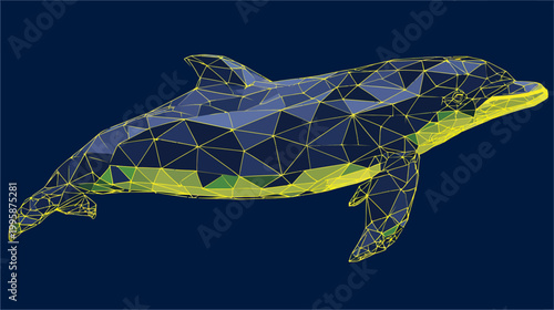 A polygon rendered dolphin against a deep blue background with yellow outlined segments