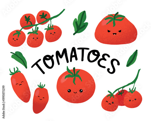 Cute tomato characters. Playful fresh tomatoes and leaves with lettering, vegetable produce for food labeling, packaging and grocery design. Funny mascot. Vector cartoon flat isolated illustration