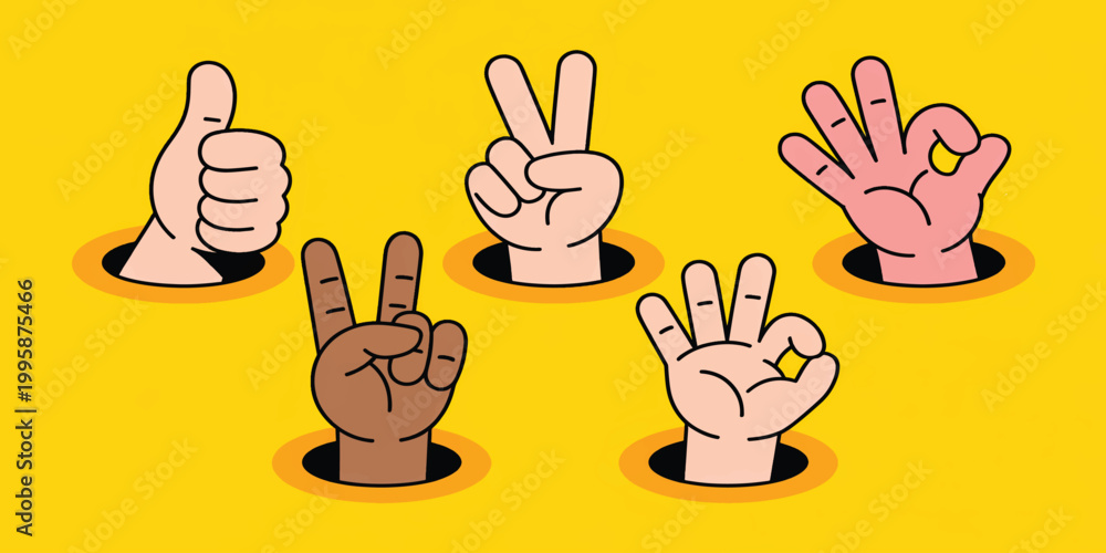 Fototapeta premium Set of human hand gesture icons showing different signs like thumbs up peace and numbers in simple vector style