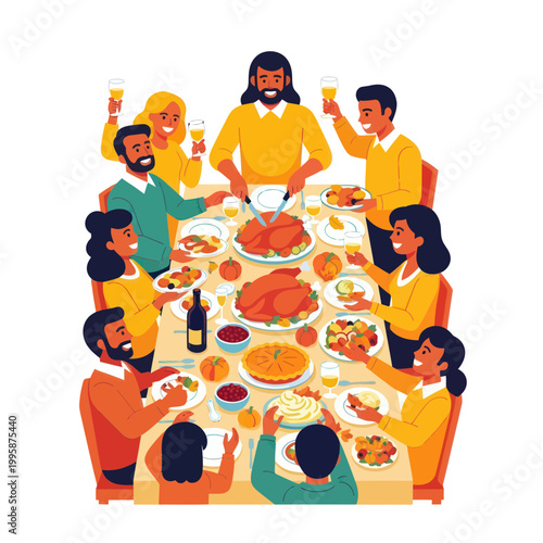 Happy Family Thanksgiving Dinner Celebration with Roasted Turkeys and Festive Food