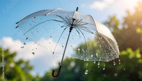 Transparent umbrella with raindrops against sunny garden bokeh.
