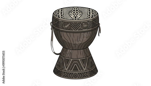 minimalist kundu drum vector with tribal carving patterns on transparent background