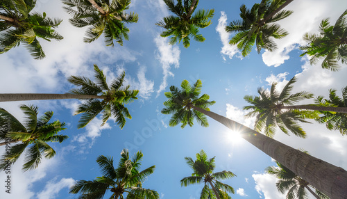 Upward view of tall coconut palm trees against blue tropical sky.