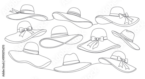 Collection of Elegant Summer Hats - Line Art Illustration