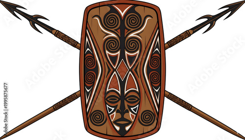 papua new guinea highland style tribal spears and carved shield vector on transparent background
