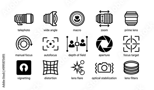 Photography optics and focus icons in grid on white background