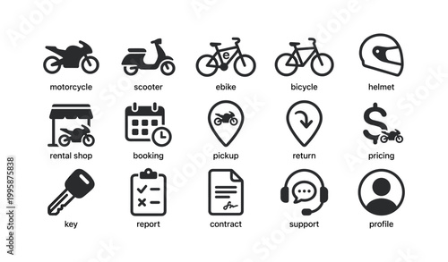 Motorcycle and bicycle rental icons showing booking and pickup options