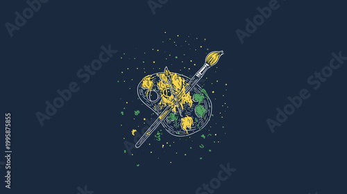 Illustration of art tools palette with paints and a paintbrush, against a deep blue background