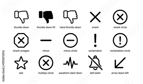 Interface warning and negative icons arranged on white background