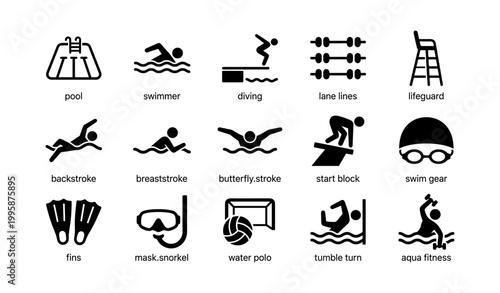 Swimming sports and pool activity icons displayed on white background
