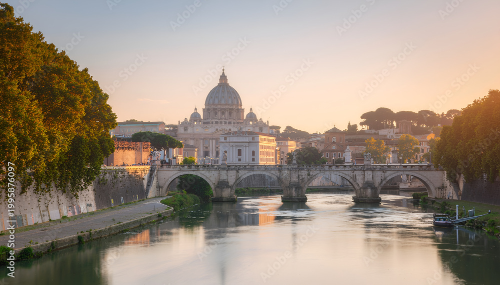 Fototapeta premium Saint Peters Basilica and Tiber River at sunrise in Rome.
