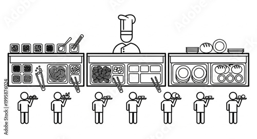 Chef Overseeing Buffet Line With Diners Selecting Food.