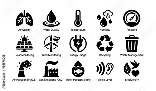 Environmental monitoring icons grid showing sensors and metrics