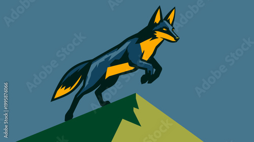 A stylized animal leaps over a peak against a muted blue background. Bold lines define the shapes