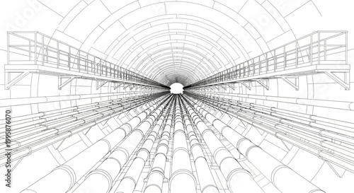 Detailed wireframe drawing of a long, arched underground tunnel with numerous pipes and elevated walkways, showcasing complex infrastructure.