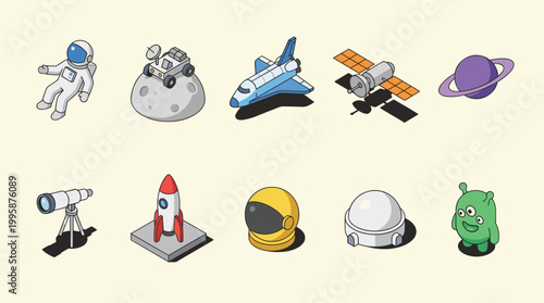 Astronaut Rocket Planet and Space Exploration Elements - Isometric Icon Set