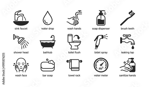 Bathroom hygiene icons arranged in labeled grid on white background