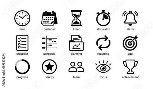 Time management and goal icons displayed in grid on white background