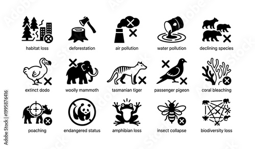 Extinction and pollution icons illustrating biodiversity threats in grid