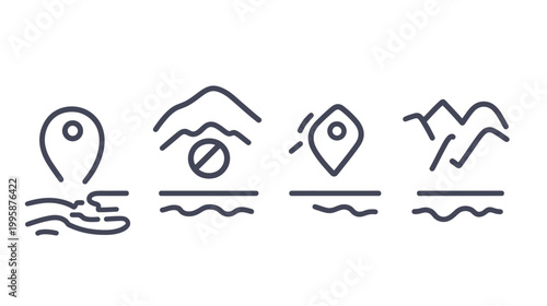 Four stylized icons depicting location and geographical features such as mountains and water