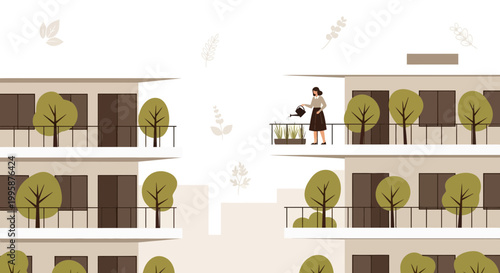 Woman watering plants on balcony garden, urban apartment building, sustainable living concept