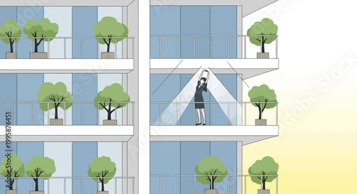 Woman watering plants on balcony of modern apartment building, urban lifestyle