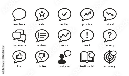 Feedback and review icons displayed in rows on white background