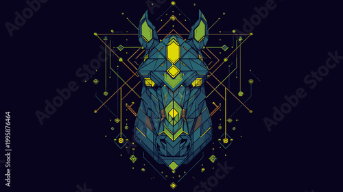 A geometric horse head with teal and yellow accents against a deep blue background