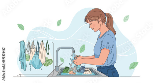 Woman washing reusable shopping bags in sink, eco-friendly lifestyle, sustainable living concept