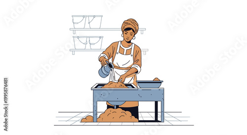 Woman wearing headscarf and apron prepares dough in a rustic kitchen, pouring water