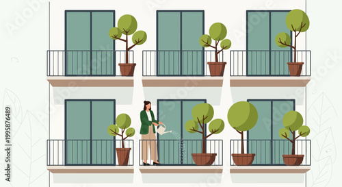 Woman watering plants on balcony, apartment building with balconies and trees