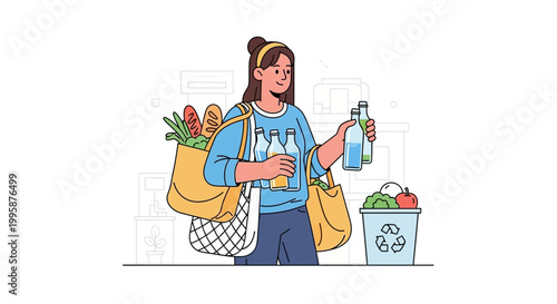 Woman with grocery bags and recycling bin, sustainable shopping, healthy food, eco-friendly lifestyle