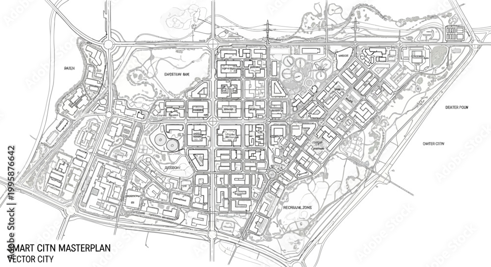 Obraz premium Detailed architectural masterplan blueprint for Vector City, illustrating a smart city urban development layout with roads and blocks.