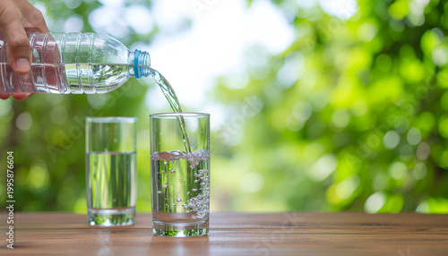 Hand pouring fresh water into glass on wooden table outdoors.
