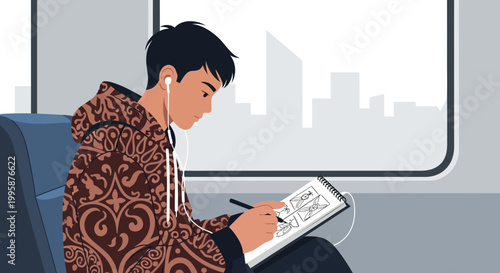Young man drawing in sketchbook on train, listening to music, city skyline background