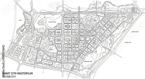 Detailed architectural masterplan blueprint for Vector City, illustrating a smart city urban development layout with roads and blocks.