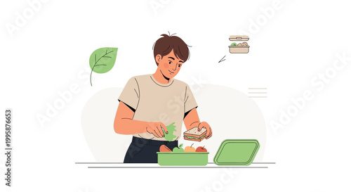Young man preparing healthy lunchbox with fresh vegetables and fruits for healthy lifestyle